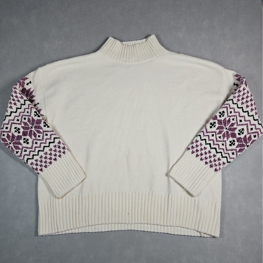 Christian Siriano Womens White Fair Isle Chenille Mock Neck Sweater Size Large